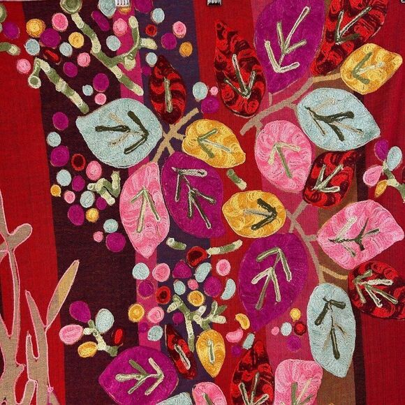 Embroidered Colorful Red Leaf / Floral  Wool? Scarf Shawl Wrap Stole 76" Long - Picture 3 of 14